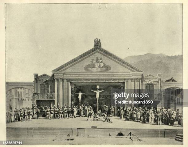 szene der kreuzigung, passionsspiele in oberammergau, bayern, deutschland, nach einer vintage-fotografie 19. jahrhundert - passionsspiel stock-grafiken, -clipart, -cartoons und -symbole