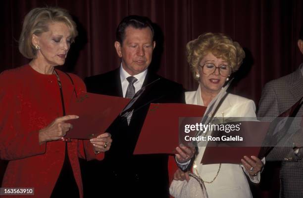 Actresses Constance Towers and Debbie Reynolds attend HOBY Holiday Gathering Benefiing Jules Stein Eye Institute University on December 9, 1990 in...