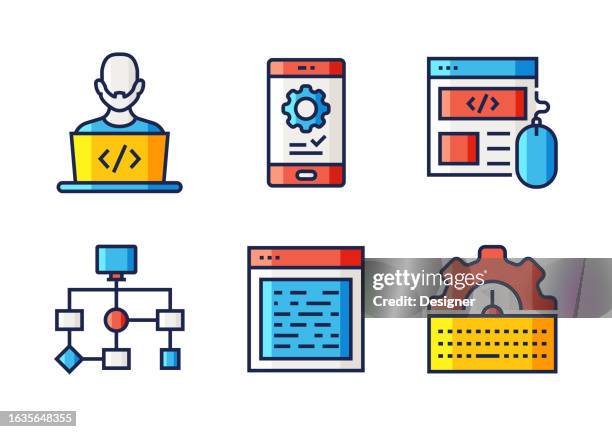 ilustraciones, imágenes clip art, dibujos animados e iconos de stock de programación iconos de línea vectorial relacionados. colección de símbolos de contorno - codice binario