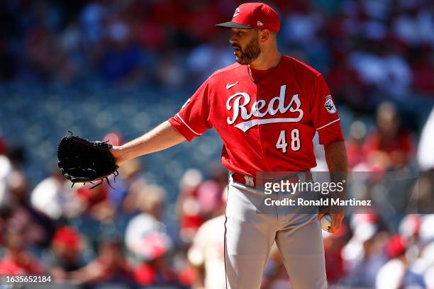 Alex Young of the Cincinnati Reds during game one of a doubleheader at Angel Stadium of Anaheim on August 23, 2023 in Anaheim, California.