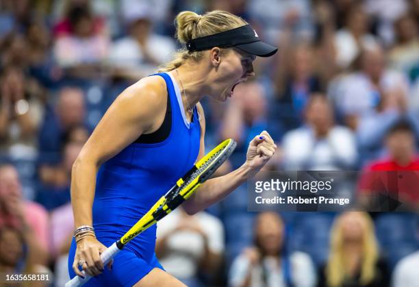 Caroline Wozniacki of Denmark in action against Petra Kvitova of the Czech Republic in the women's singles second round on Day 3 of the US Open at...