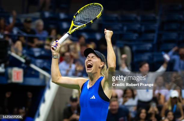 Caroline Wozniacki of Denmark celebrates defeating Petra Kvitova of the Czech Republic in the women's singles second round on Day 3 of the US Open at...