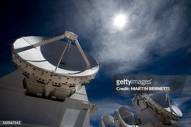 View of a Radio telescope antennas of the ALMA project, in the Chajnantor plateau, Atacama desert, some 1500 km north of Santiago, on March 12,2013....