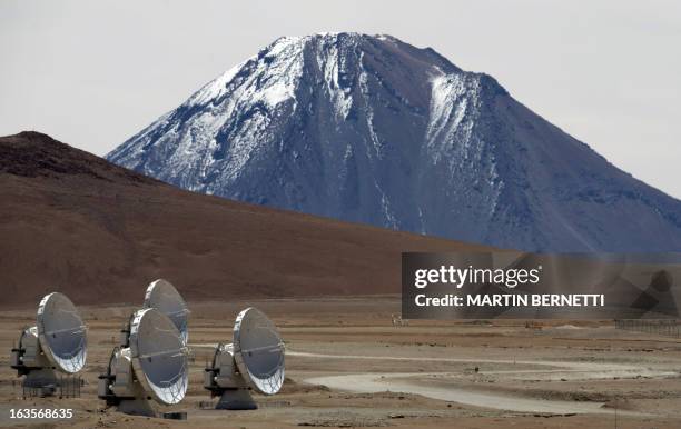 Radio telescope antennas of the ALMA project, in the Chajnantor plateau, Atacama desert, some 1500 km north of Santiago, on March 12,2013. The ALMA,...
