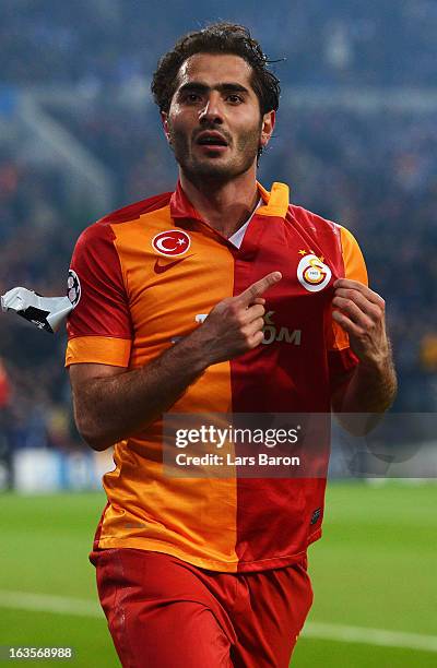 Hamit Altintop of Galatasaray celebrates after scoring his teams first goal during the UEFA Champions League round of 16 second leg match between FC...