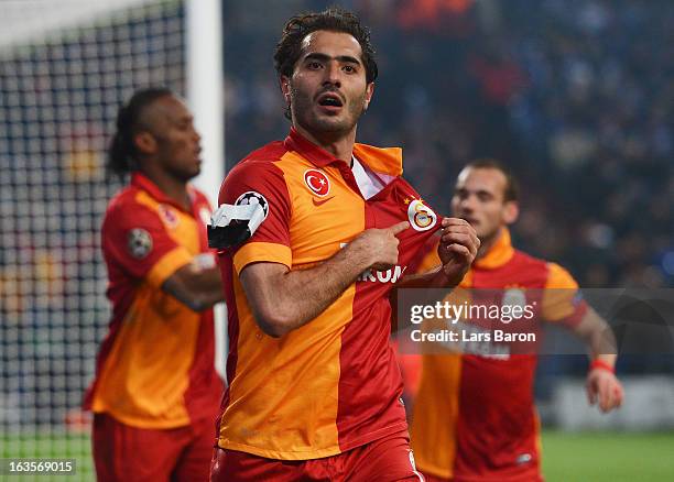 Hamit Altintop of Galatasaray celebrates after scoring his teams first goal during the UEFA Champions League round of 16 second leg match between FC...