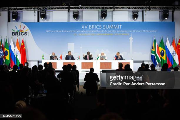 South African President Cyril Ramaphosa speaks during a press conference with fellow BRICS leaders President of Brazil Luiz Inacio Lula da Silva ,...