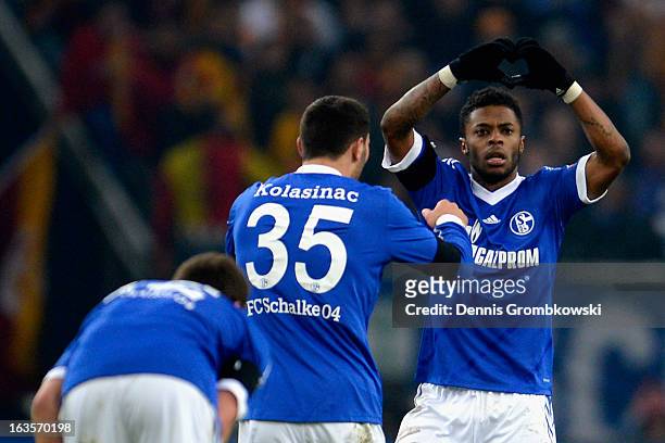 Michel Bastos of Schalke celebrates after scoring his team's second goal during the UEFA Champions League round of 16 second leg match between...