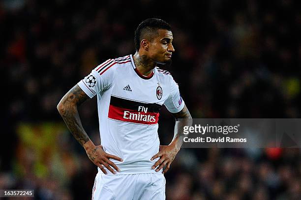 Kevin-Prince Boateng of AC Milan looks dejected at the end of the UEFA Champions League round of 16 second leg match between FC Barcelona and AC...