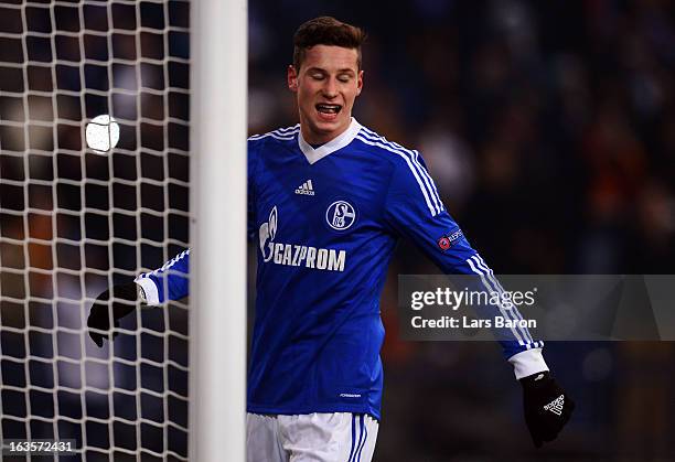 Julian Draxler of Schalke looks dejected during the UEFA Champions League round of 16 second leg match between FC Schalke 04 and Galatasaray AS at...