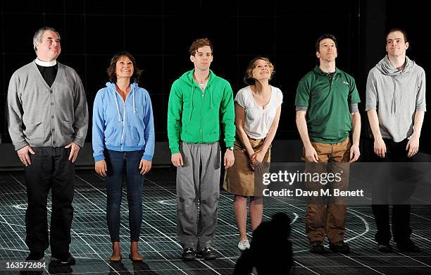 Howard Ward, Holly Aird, Luke Treadaway, Niamh Cusack, Sean Gleeson and Johnny Gibbon bow at the curtain call during the press night performance of...