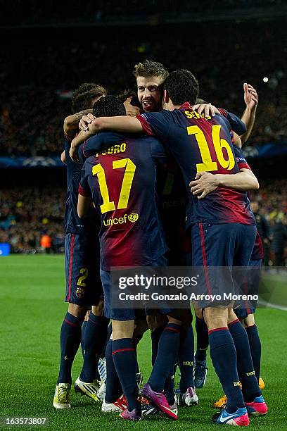 Gerard Pique of FC Barcelona celebrates David Villas goal, their third goal with teammates Sergio Busquets , Pedro Rodriguez Ledesma , Leo Messi...