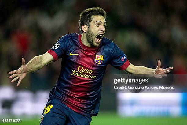 Jordi Alba of FC Barcelona celebrates scoring their fourth goal during the UEFA Champions League Round of 16 second leg match between FC Barcelona...