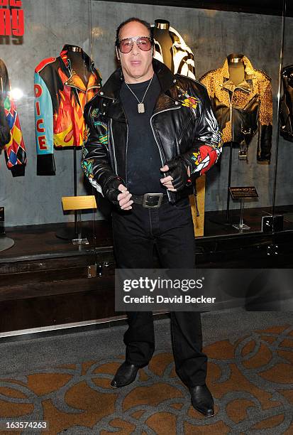 Comedian Andrew Dice Clay appears during a memorabilia case dedication ceremony in honor of his upcoming residency at Vinyl at the Hard Rock Hotel &...