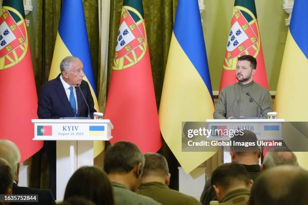 Marcelo Rebelo de Sousa , President of Portugal, and Volodymyr Zelenskyi , President of Ukraine, speak during a joint press conference on August 24,...