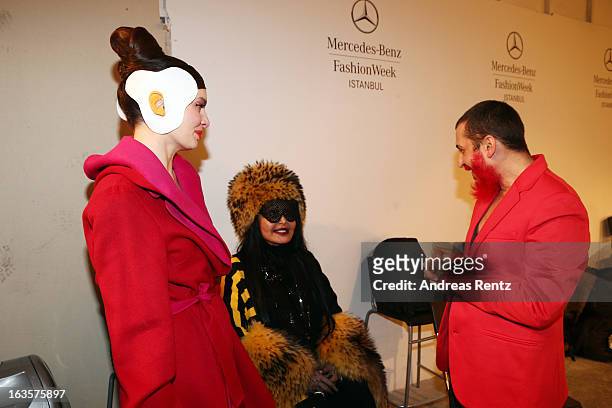 Nil Karaibrahimgil, Bulent Ersoy and Designer Tanju Babacan at the "Red Beard" by Tanju Babacan show during Mercedes-Benz Fashion Week Istanbul...