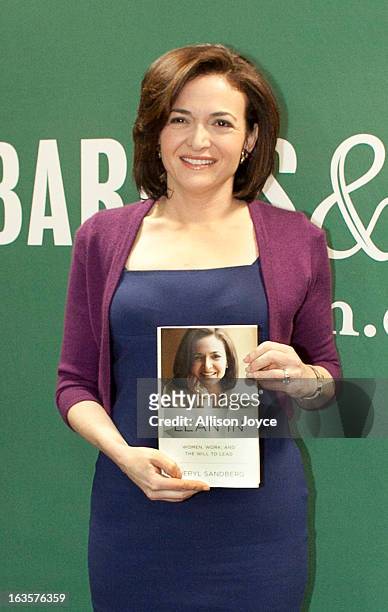 Facebook COO Sheryl Sandberg poses for a photograph at Barnes and Noble, March 12, 2013 in New York City. Sandberg is promoting her new book "Lean...