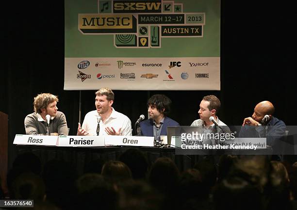 Musician Andy Ross of OK Go, Eli Pariser, chief executive of Upworthy, Eytan Oren, James Slezak and Paul D. Miller aka DJ Spooky speak onstage...