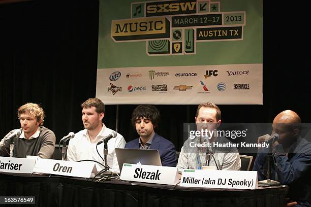 Musician Andy Ross of OK Go, Eli Pariser, chief executive of Upworthy, Eytan Oren, James Slezak and Paul D. Miller aka DJ Spooky speak onstage...