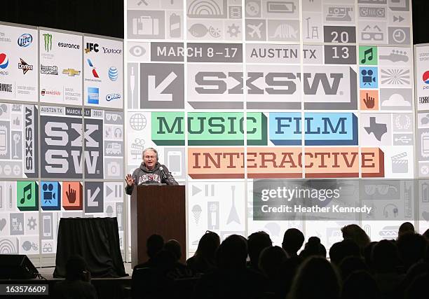 Author Bruce Sterling speaks onstage at Bruce Sterling Closing Remarks during the 2013 SXSW Music, Film + Interactive Festival at Austin Convention...