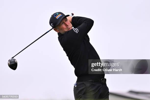 Matt Ford of Great Britain plays a tee shot on the first hole during Day One of the Dormy Open at Askersunds Golfklubb on August 24, 2023 in...