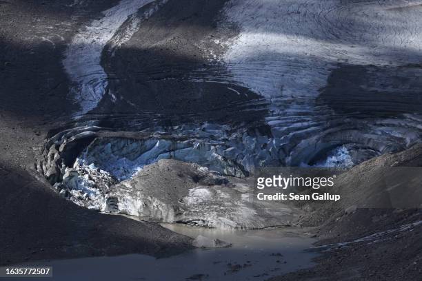 The collapsed face of the Pasterze, Austria's biggest glacier, lies at the end of the glacier tongue on August 21, 2023 near Heiligenblut, Austria....