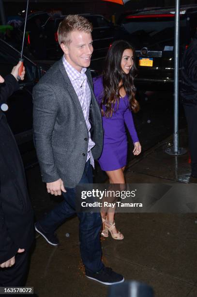 Personalities Sean Lowe and Catherine Giudici enter the "Good Morning America" taping at the ABC Times Square Studios on March 12, 2013 in New York...