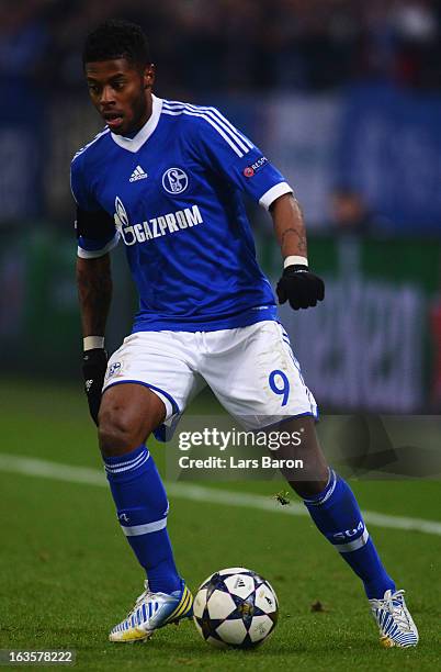 Michel Bastos of Schalke runs with the ball during the UEFA Champions League round of 16 second leg match between FC Schalke 04 and Galatasaray AS at...
