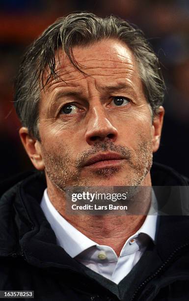 Head coach Jens Keller of Schalke looks on during the UEFA Champions League round of 16 second leg match between FC Schalke 04 and Galatasaray AS at...