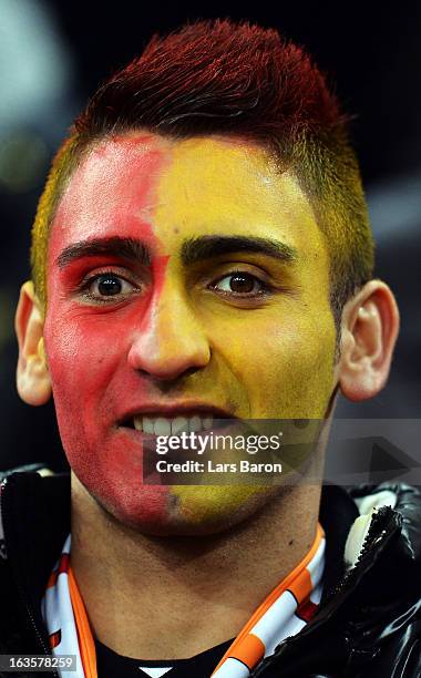 Fans of Galatasaray are seen prior to the UEFA Champions League round of 16 second leg match between FC Schalke 04 and Galatasaray AS at...