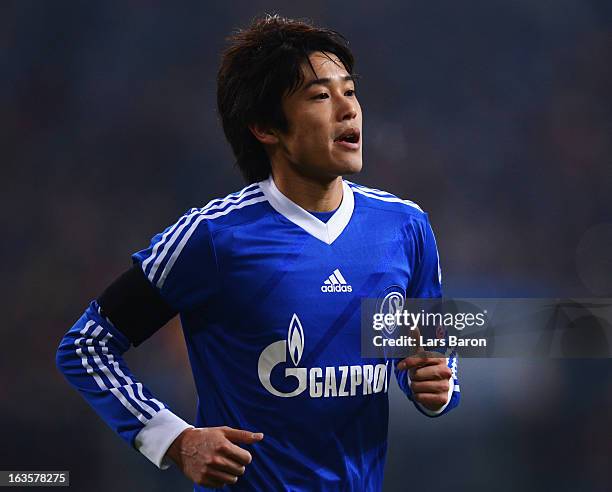 Atsuto Uchida of Schalke is seen during the UEFA Champions League round of 16 second leg match between FC Schalke 04 and Galatasaray AS at...