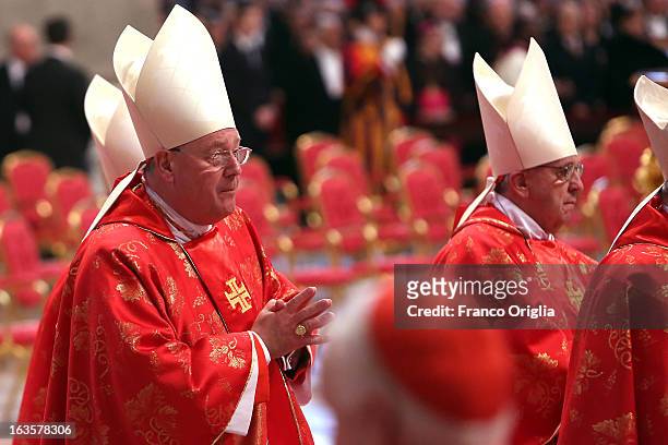Cardinal and archbisop of New York Timothy Dolan attends the Pro Eligendo Romano Pontifice Mass at St Peter's Basilica, before they enter the...