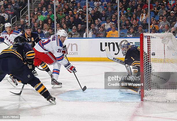 Derek Stepan of the New York Rangers scores a second period goal against Jhonas Enroth of the Buffalo Sabres on March 12, 2013 at the First Niagara...