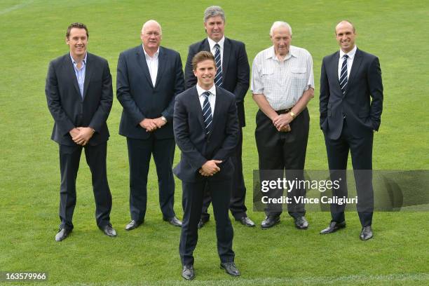 The blues new captain, Marc Murphy poses with former captains of the club Anthony Koutoufides, Mark Mcclure, Stephen Kernahan, John Nicholls and...