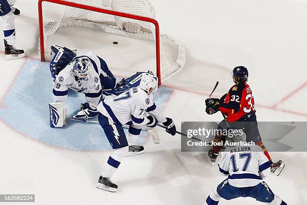 Kris Versteeg of the Florida Panthers scores a second period goal against goaltender Anders Lindback of the Tampa Bay Lightning at the BB&T Center on...