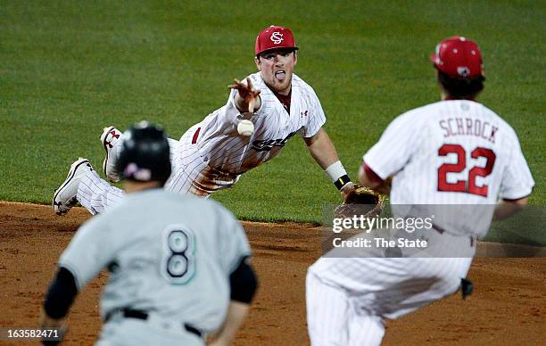 South Carolina's Joey Pankake flips to teammate Max Schrock for an inning ending out at second against USC Upstate at Carolina Stadium Tuesday, March...