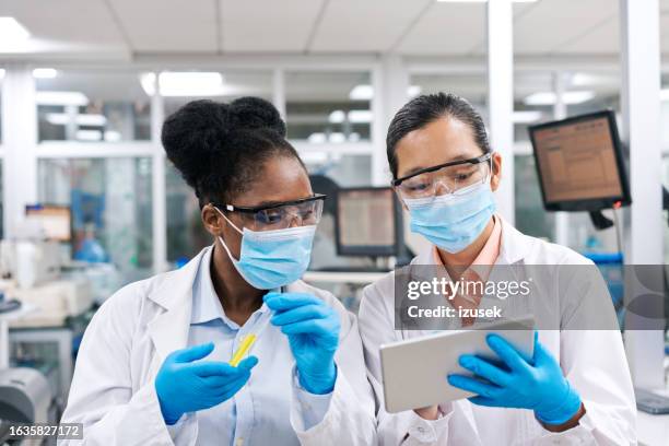 female medical researchers discussing over tablet pc while working in laboratory - scientist at work stock pictures, royalty-free photos & images