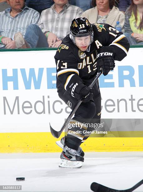 Ray Whitney of the Dallas Stars makes a pass to a teammate against the Nashville Predators at the American Airlines Center on March 12, 2013 in...