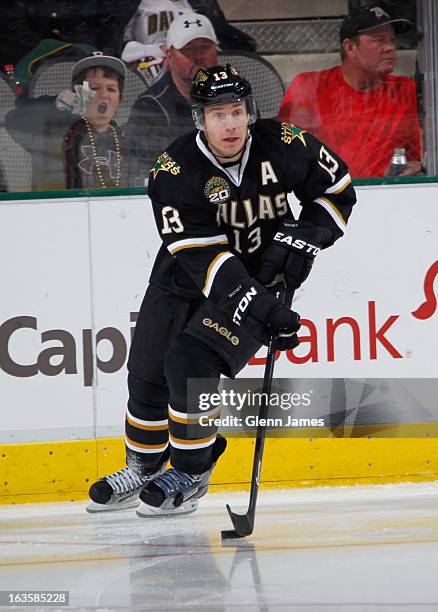 Ray Whitney of the Dallas Stars handles the puck against the Nashville Predators at the American Airlines Center on March 12, 2013 in Dallas, Texas.