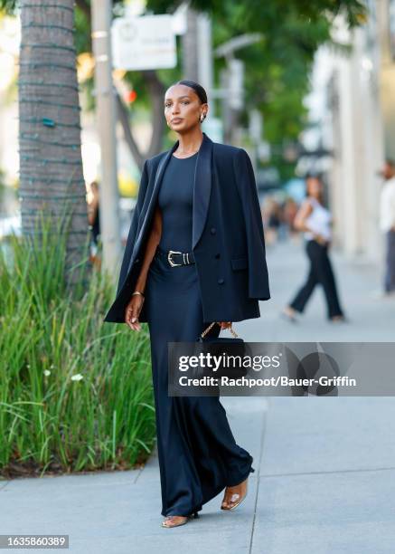 Jasmine Tookes is seen leaving the L'Agence store in Beverly Hills on August 30, 2023 in Los Angeles, California.