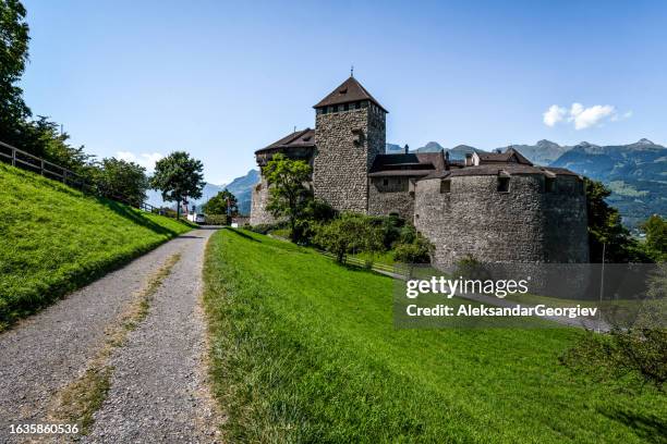 sunny day above vaduz castle in vaduz, liechtenstein - vaduz castle stockfoto's en -beelden