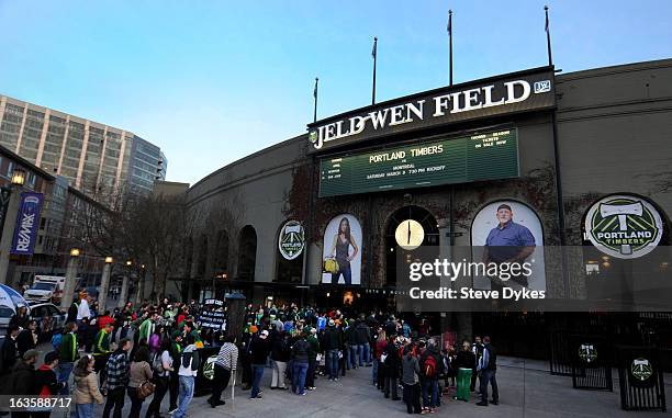 Fans line up to enter Jeld-Wen Field for the game between the Portland Timbers and the Montreal Impact on March 09, 2013 in Portland, Oregon.