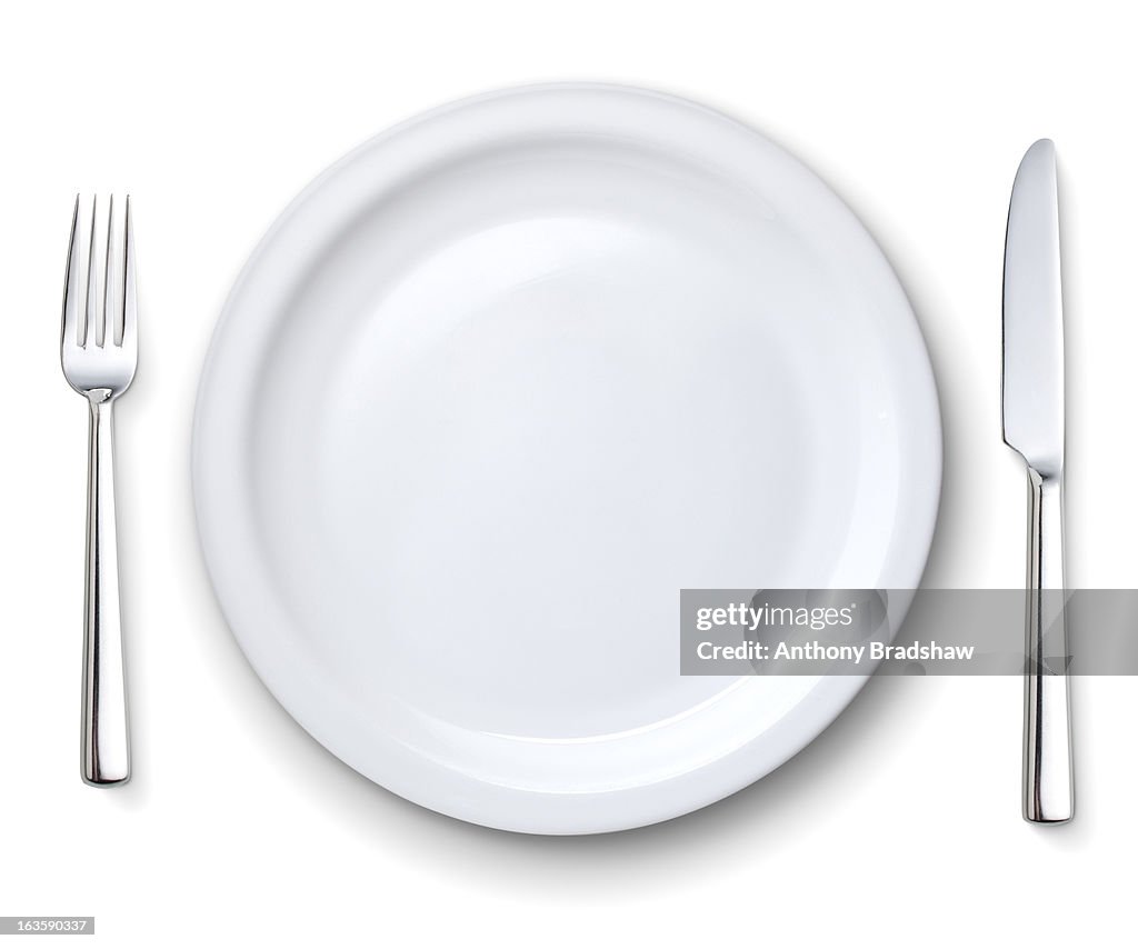 Perfect white plate with knife and fork