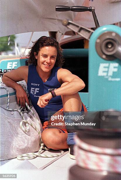 Leah Newbold of New Zealand onboard EF Education before the start of the ninth leg of the Whitbread Round the World Race for the Volvo Trophy 1997-98...