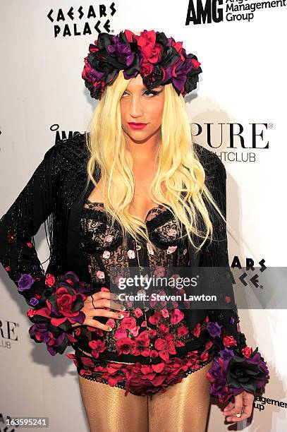 Singer/songwriter Ke$ha arrives at the Pure Nightclub at Caesars Palace to host the club's eighth anniversary party on March 12, 2013 in Las Vegas,...