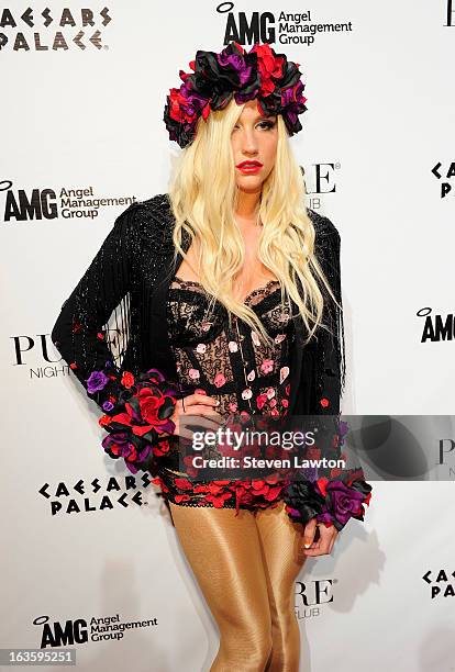 Singer/songwriter Ke$ha arrives at the Pure Nightclub at Caesars Palace to host the club's eighth anniversary party on March 12, 2013 in Las Vegas,...