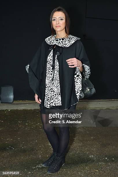 Buse Gunes wearing a Buse Gunes dress is seen during Mercedes-Benz Fashion Week Istanbul Fall/Winter 2013/14 at Antrepo 3 on March 12, 2013 in...