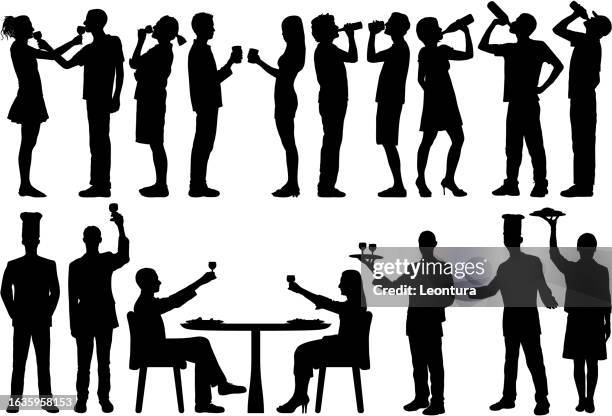 people with food and drink silhouettes - dining table side view stock illustrations