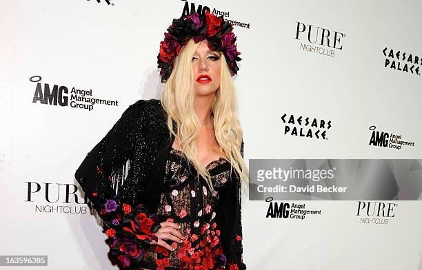 Recording artist Ke$ha arrives at the Pure Nightclub at Caesars Palace to host the club's eighth anniversary party on March 13, 2013 in Las Vegas,...