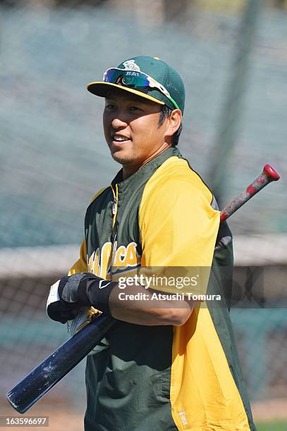 Hiroyuki Nakajima of Oakland Athletics looks on prior to a spring training game against Seattle Mariners on March 7, 2013 in Phoenix, Arizona.